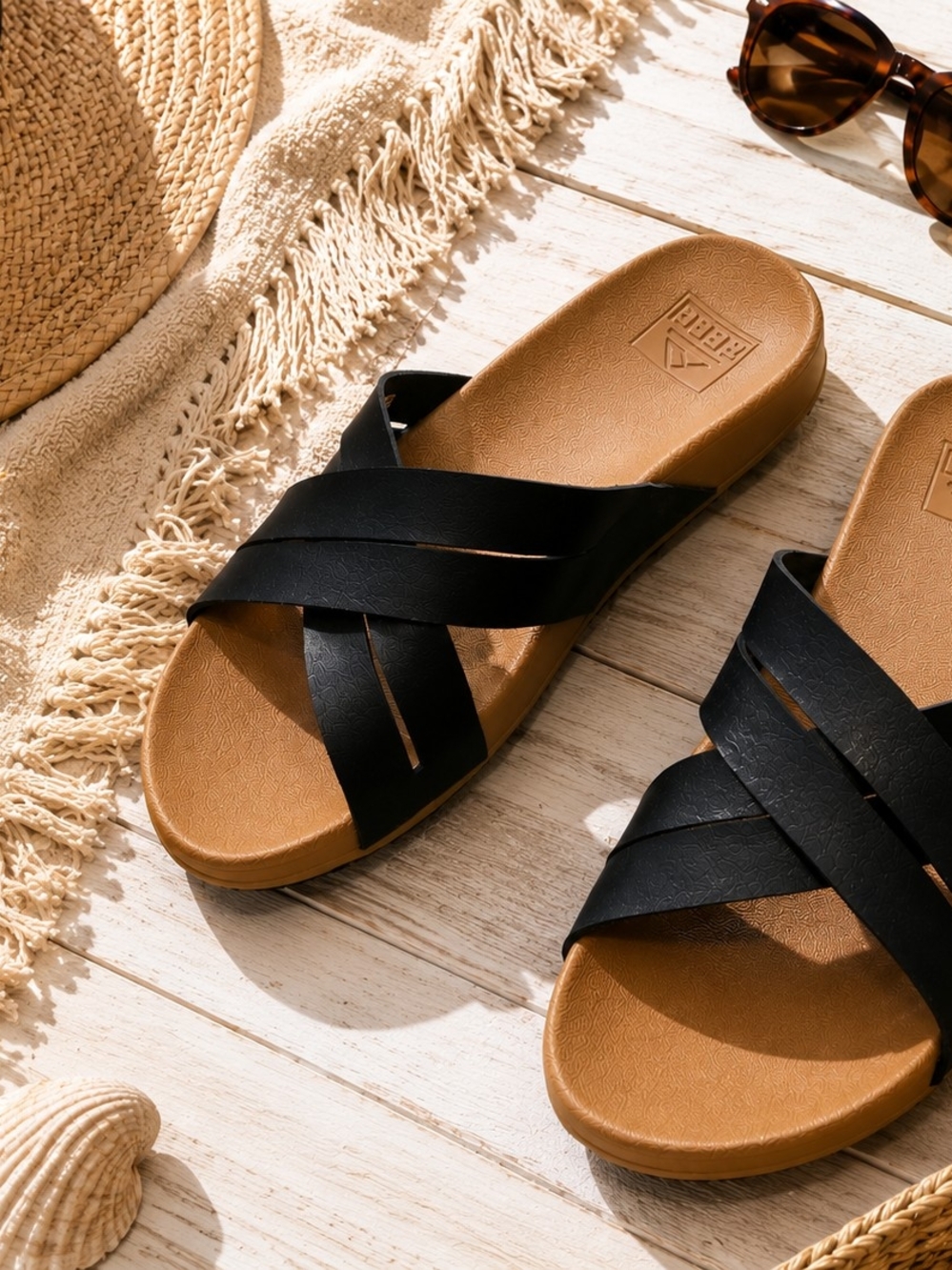 Reef Women's Black Crisscross Slide Sandals with Tan Footbed